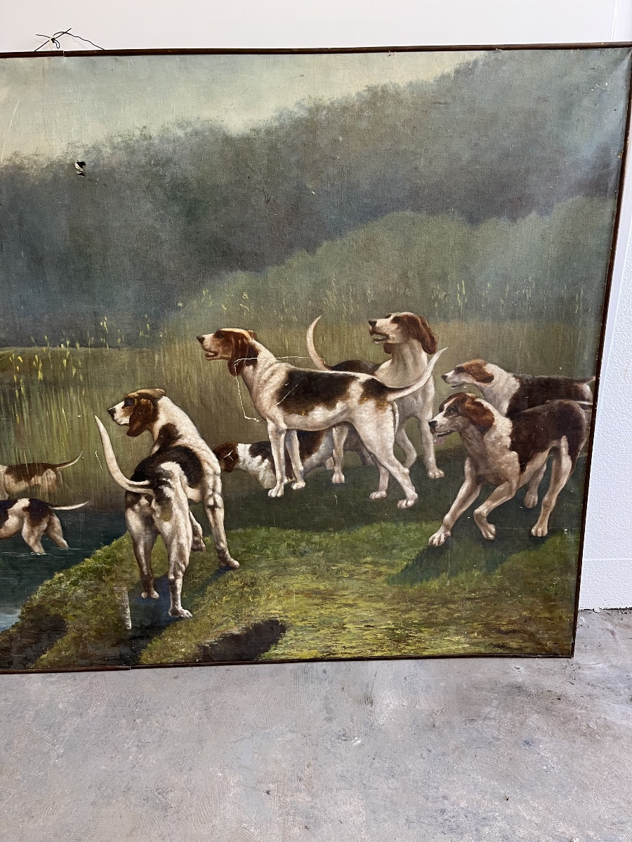 Important tableau d’une scène de chasse à courre 19 éme siècle -photo-3