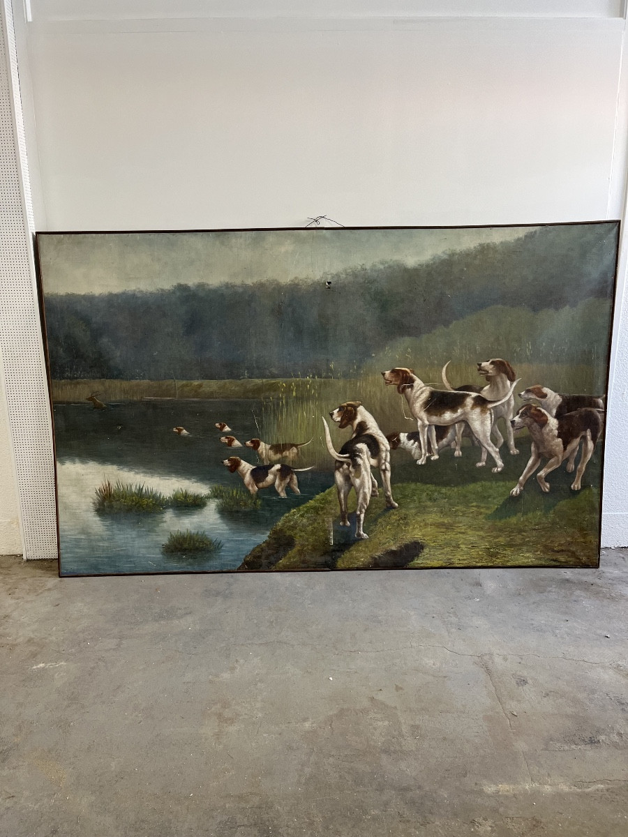 Important tableau d’une scène de chasse à courre 19 éme siècle 