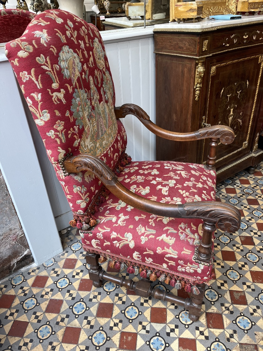 Pair Of Louis XIII Style Armchairs With Small Dot Tapestry-photo-3