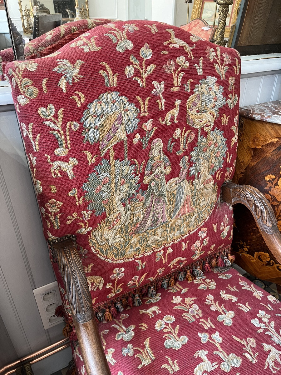 Pair Of Louis XIII Style Armchairs With Small Dot Tapestry-photo-4