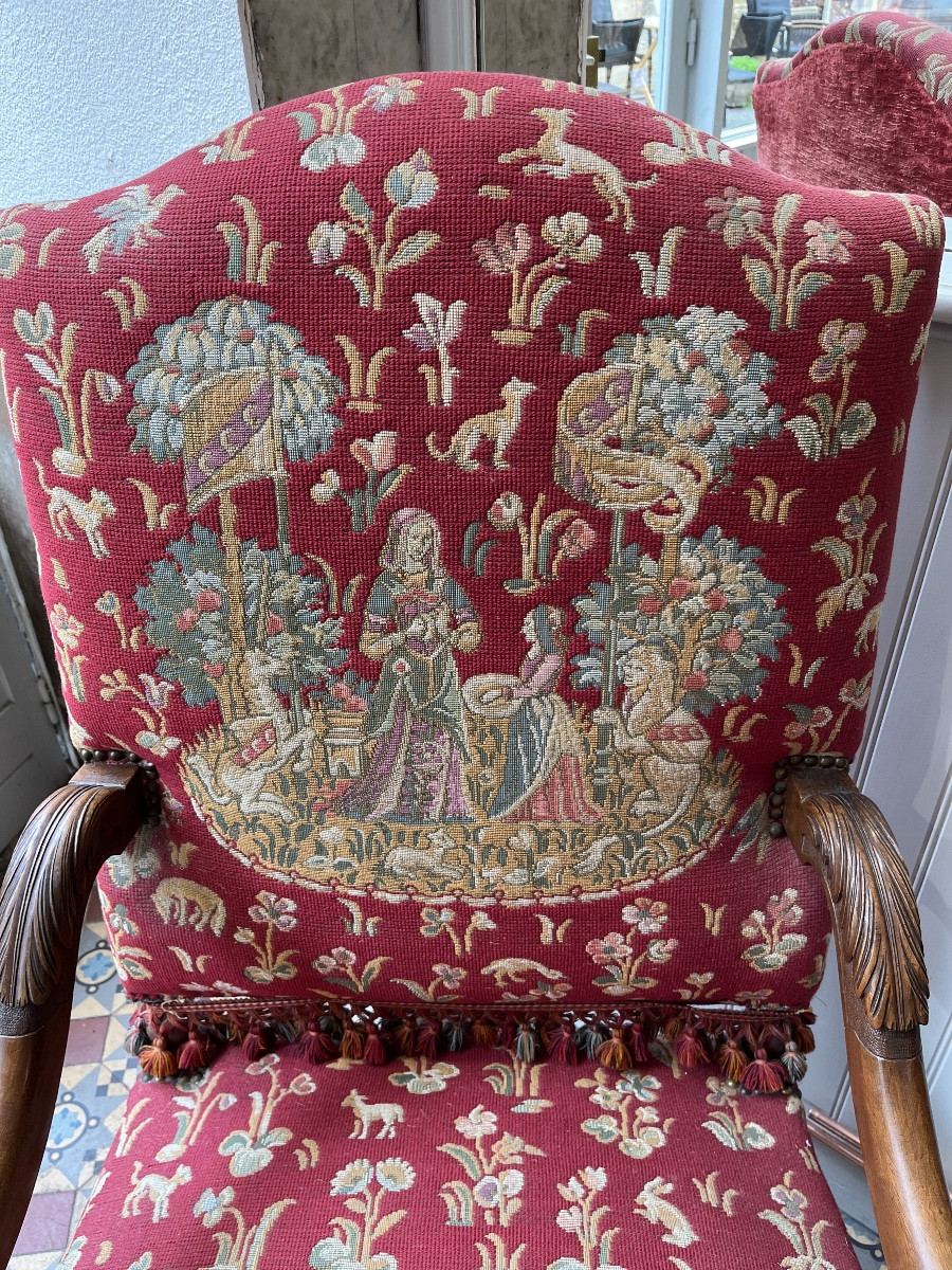 Pair Of Louis XIII Style Armchairs With Small Dot Tapestry-photo-3