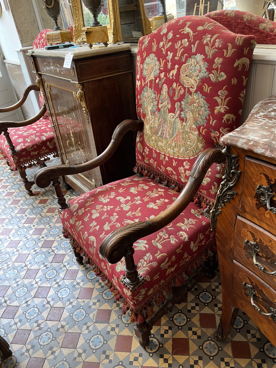 Pair Of Louis XIII Style Armchairs With Small Dot Tapestry-photo-4