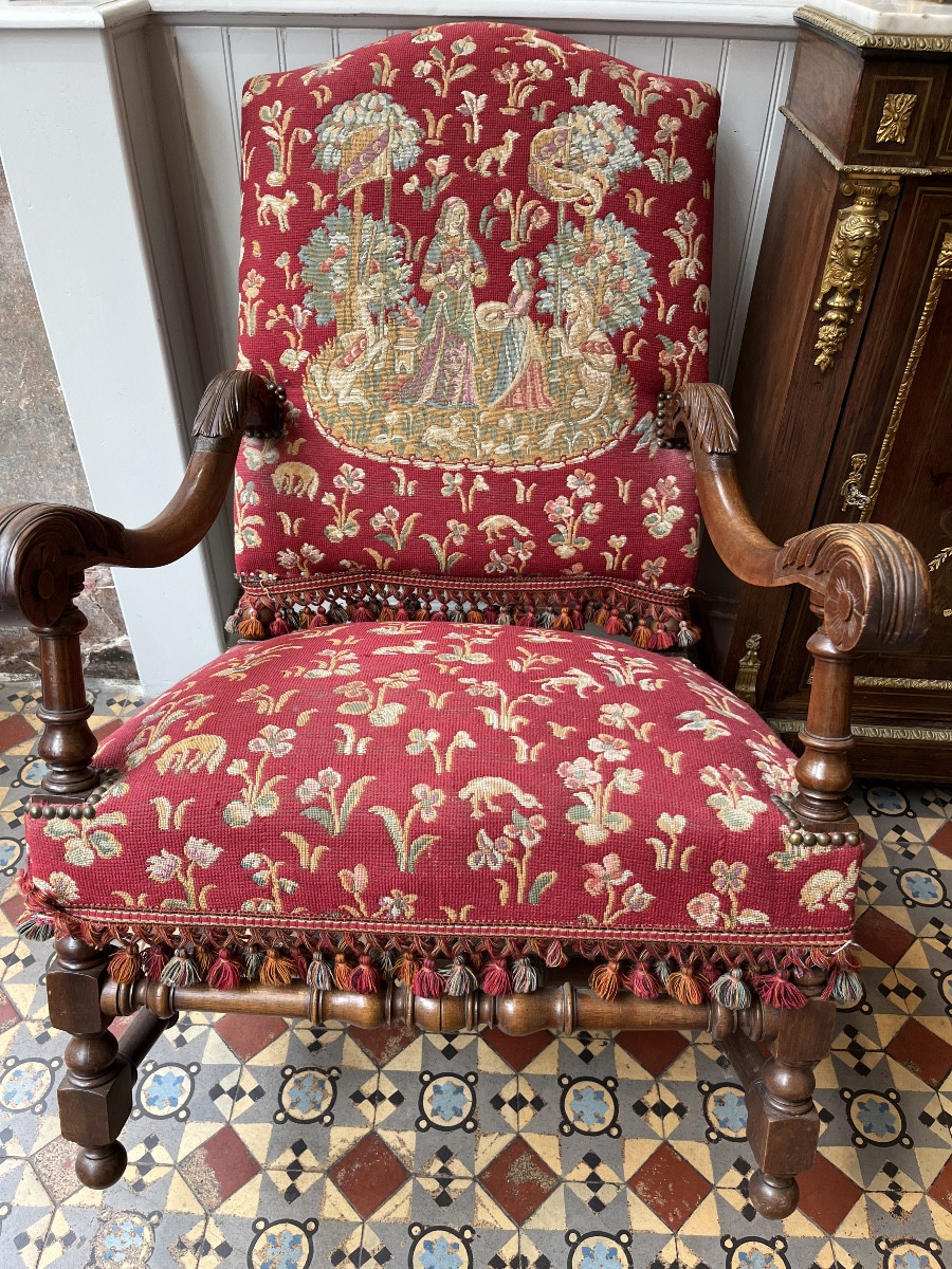 Pair Of Louis XIII Style Armchairs With Small Dot Tapestry