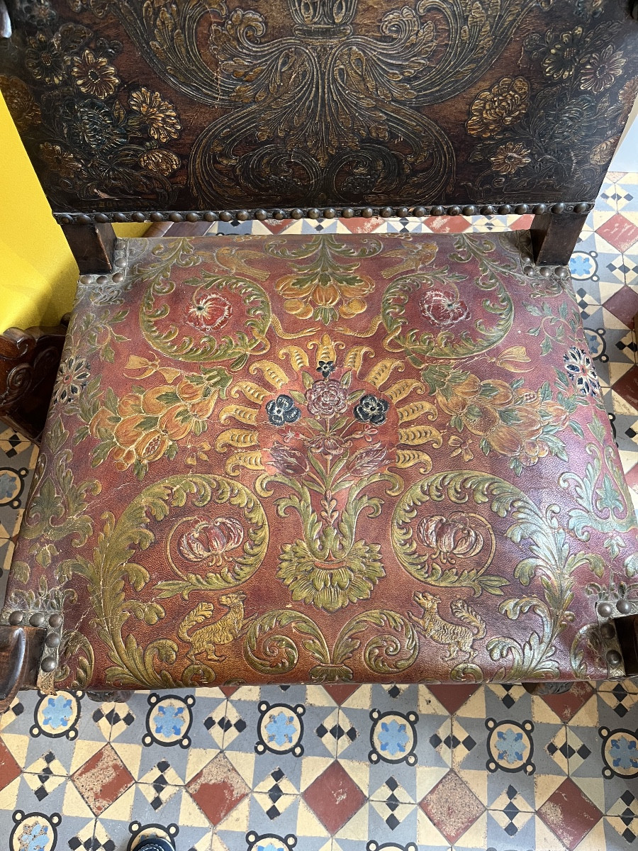 Important Louis XIV Style Armchair Covered In Cordoba Leather -photo-2