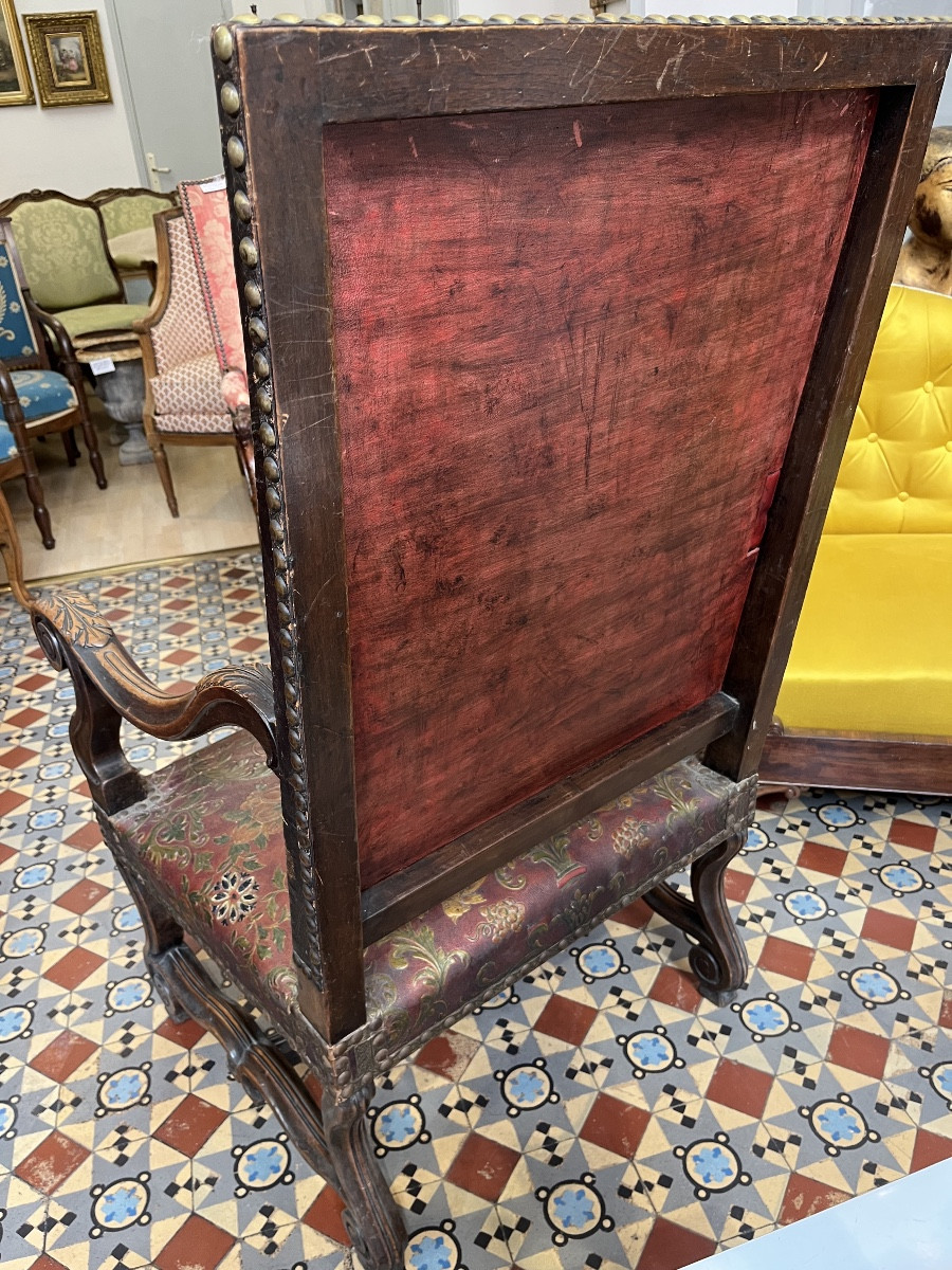 Important Louis XIV Style Armchair Covered In Cordoba Leather -photo-2