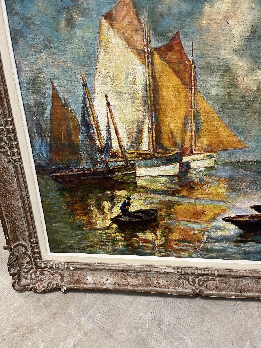 Signed Marine Painting Of Fishing Boats-photo-3