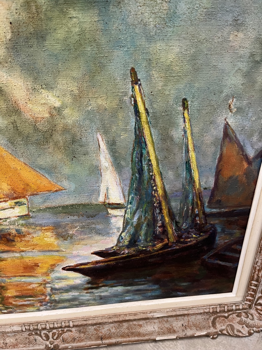 Signed Marine Painting Of Fishing Boats-photo-4