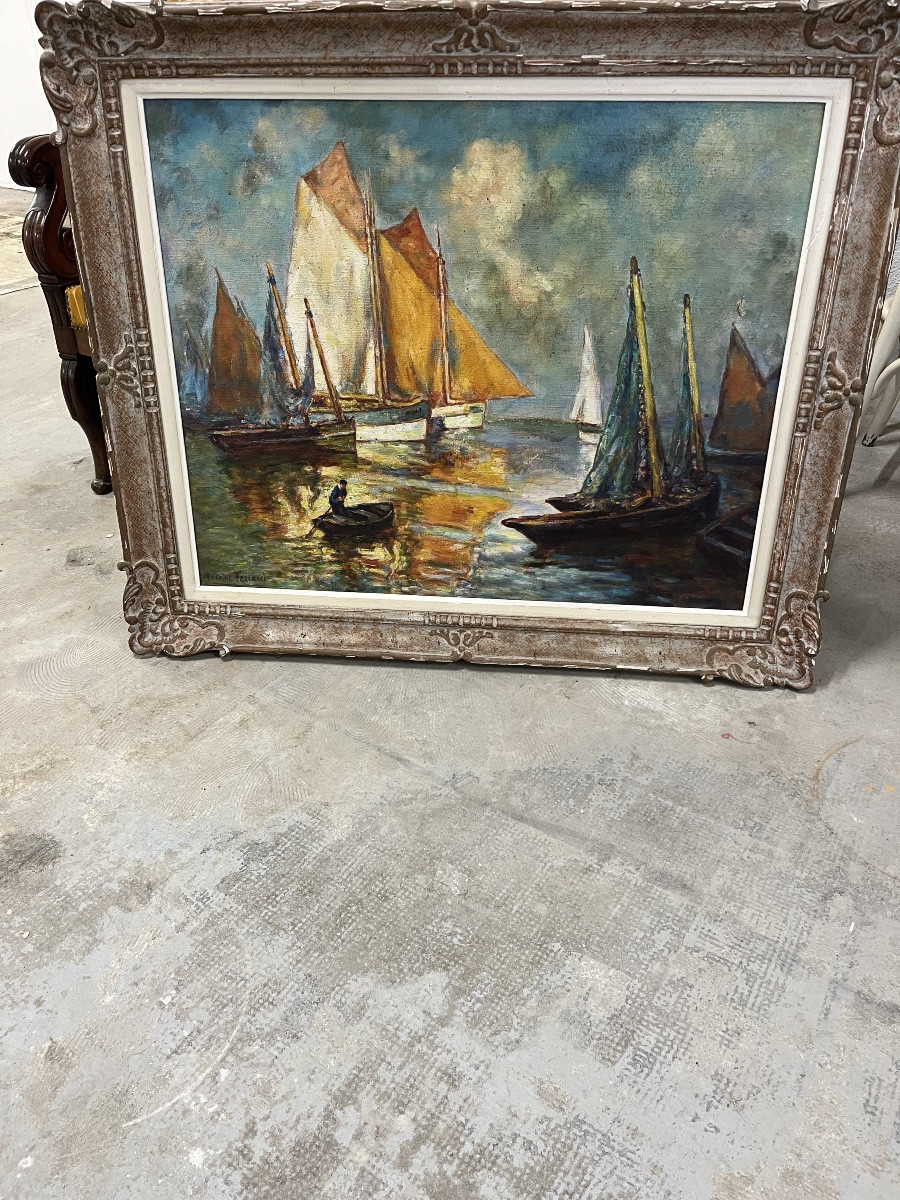 Signed Marine Painting Of Fishing Boats