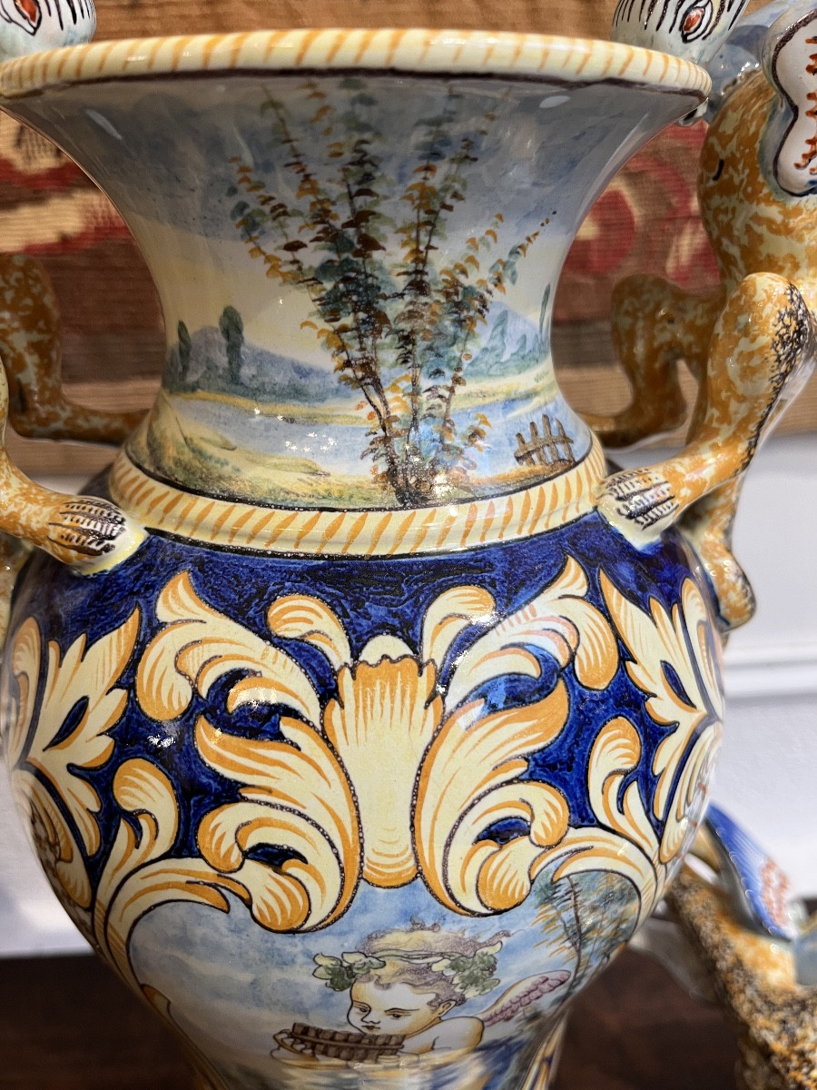 Pair Of Nevers Earthenware Vases, Renaissance Style -photo-2