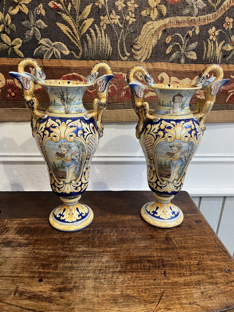 Pair Of Nevers Earthenware Vases, Renaissance Style 