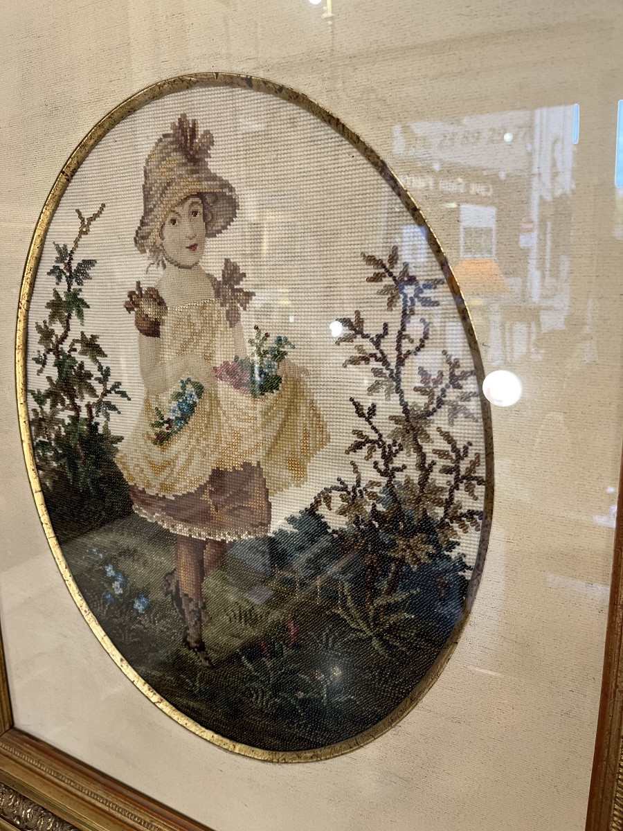 Petit Point Tapestry Depicting A Young Girl From The Napoleon III Era -photo-2