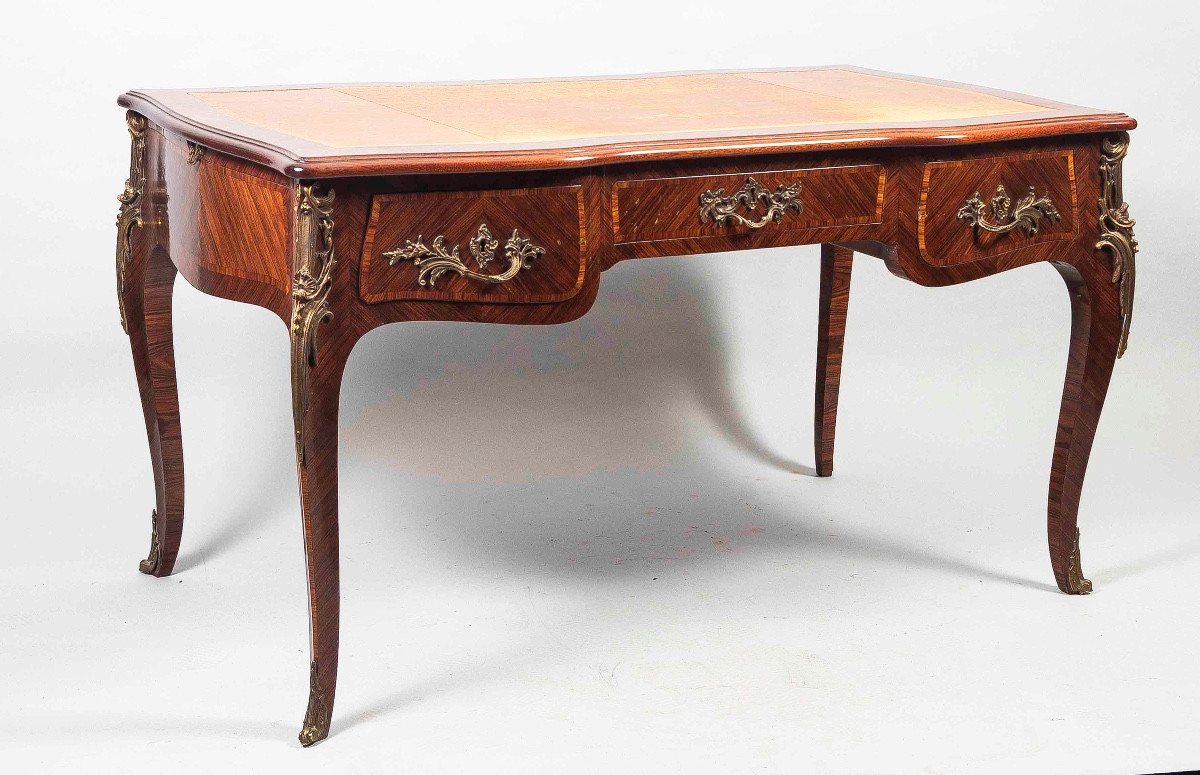 Bureau plat en marqueterie de style Louis XV 19 éme siècle -photo-2