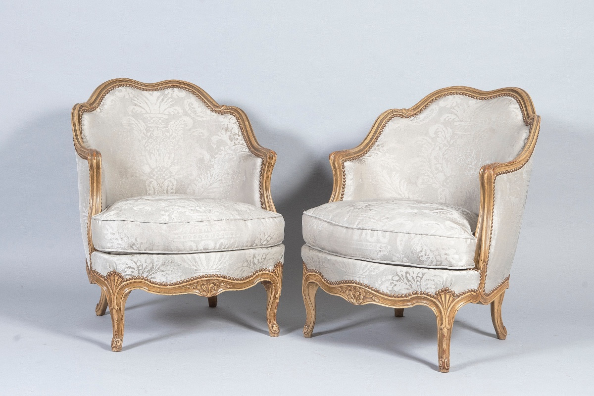 Pair Of Louis XV Style Gondola-shaped Bergère Armchairs