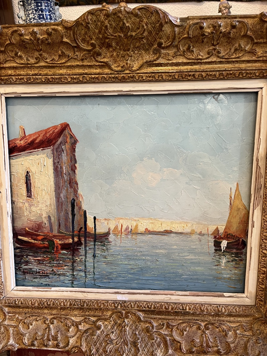 Oil Painting On Panel Depicting A View Of Venice. Signed. -photo-2