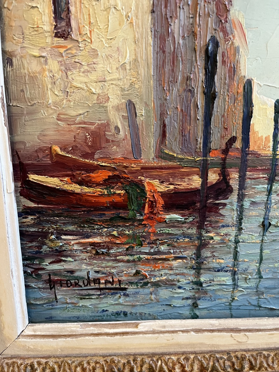 Oil Painting On Panel Depicting A View Of Venice. Signed. -photo-3