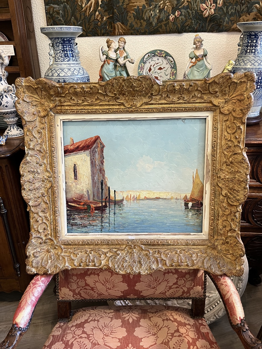 Oil Painting On Panel Depicting A View Of Venice. Signed. 
