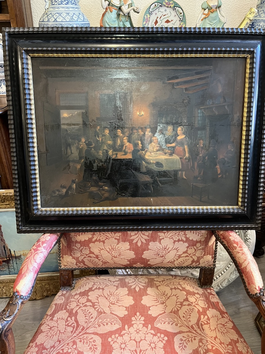 Tableau Huile sur panneau représentant une scène intérieur de taverne début du 19 éme siècle-photo-2