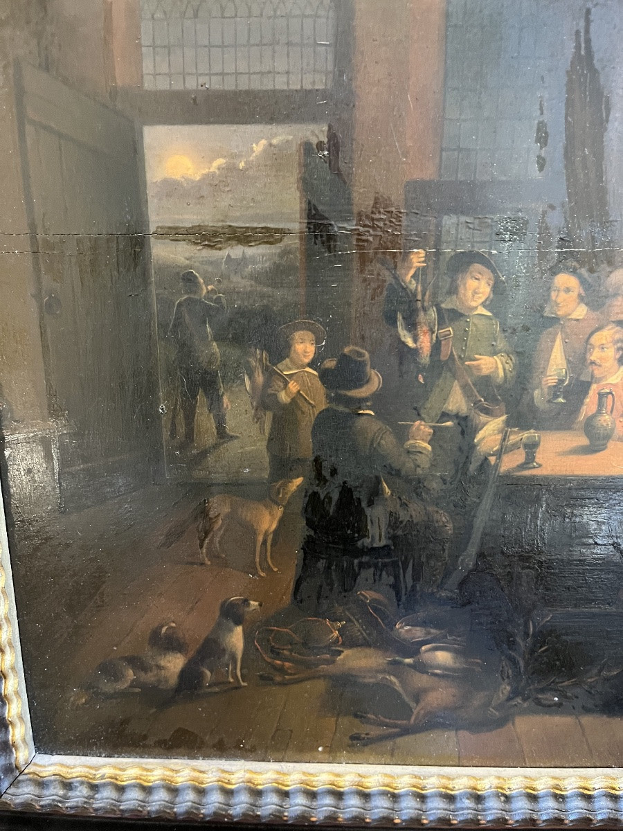 Tableau Huile sur panneau représentant une scène intérieur de taverne début du 19 éme siècle-photo-3