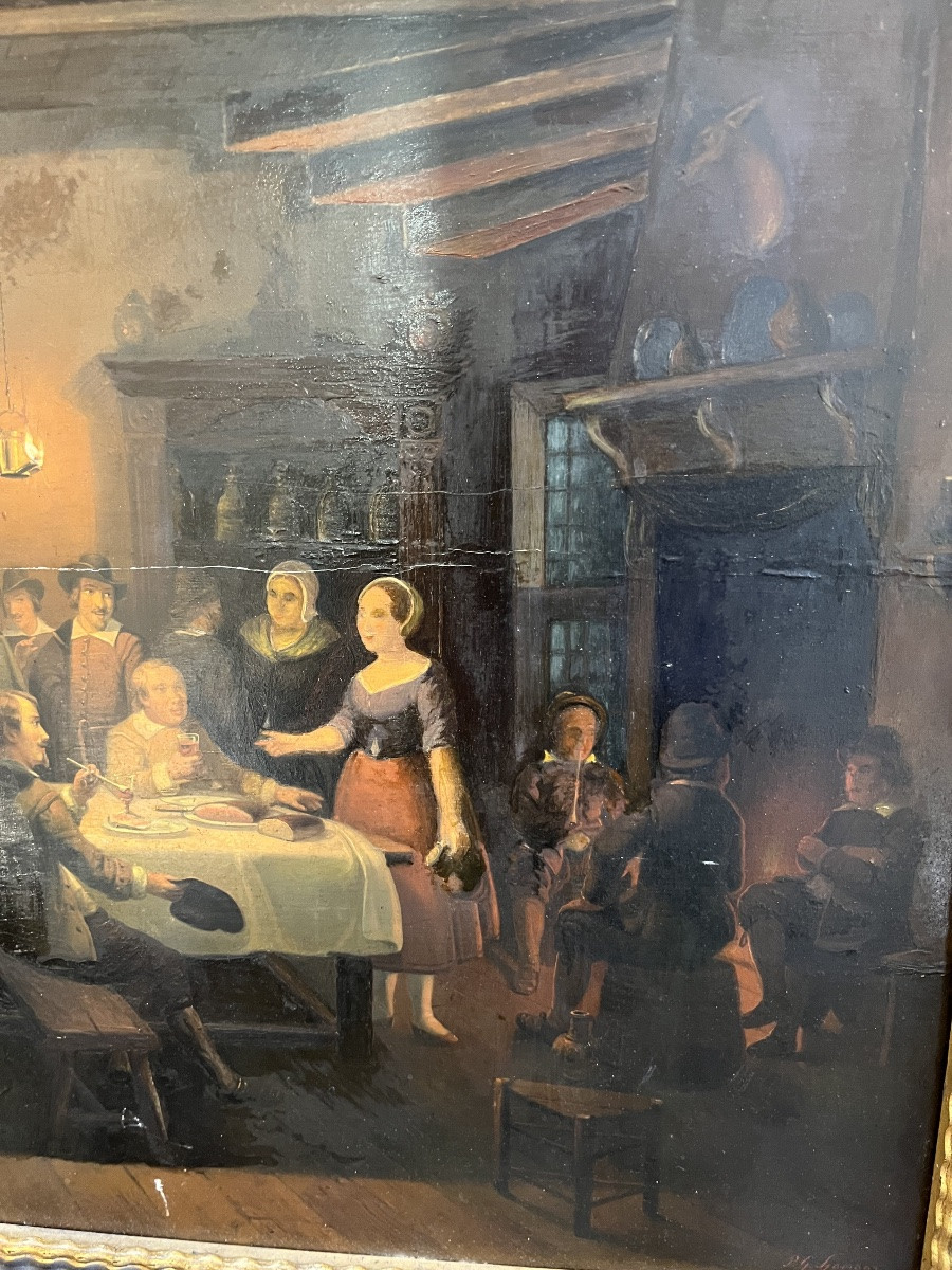 Tableau Huile sur panneau représentant une scène intérieur de taverne début du 19 éme siècle-photo-1