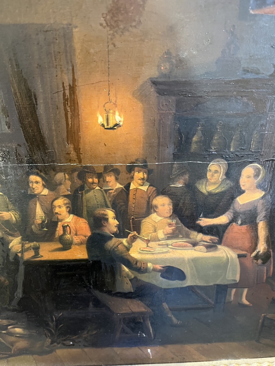 Tableau Huile sur panneau représentant une scène intérieur de taverne début du 19 éme siècle