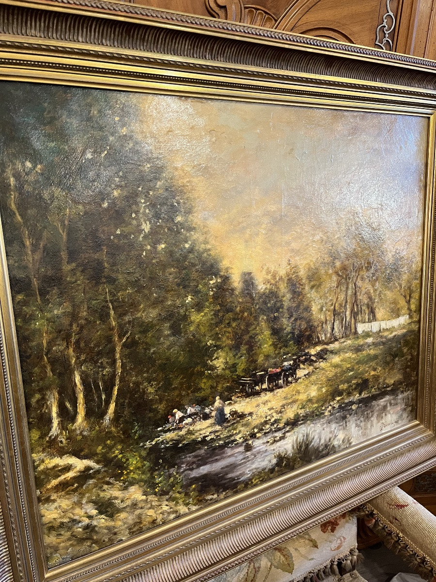 Tableau Huile sur toile «  les lavandières «  signé-photo-4