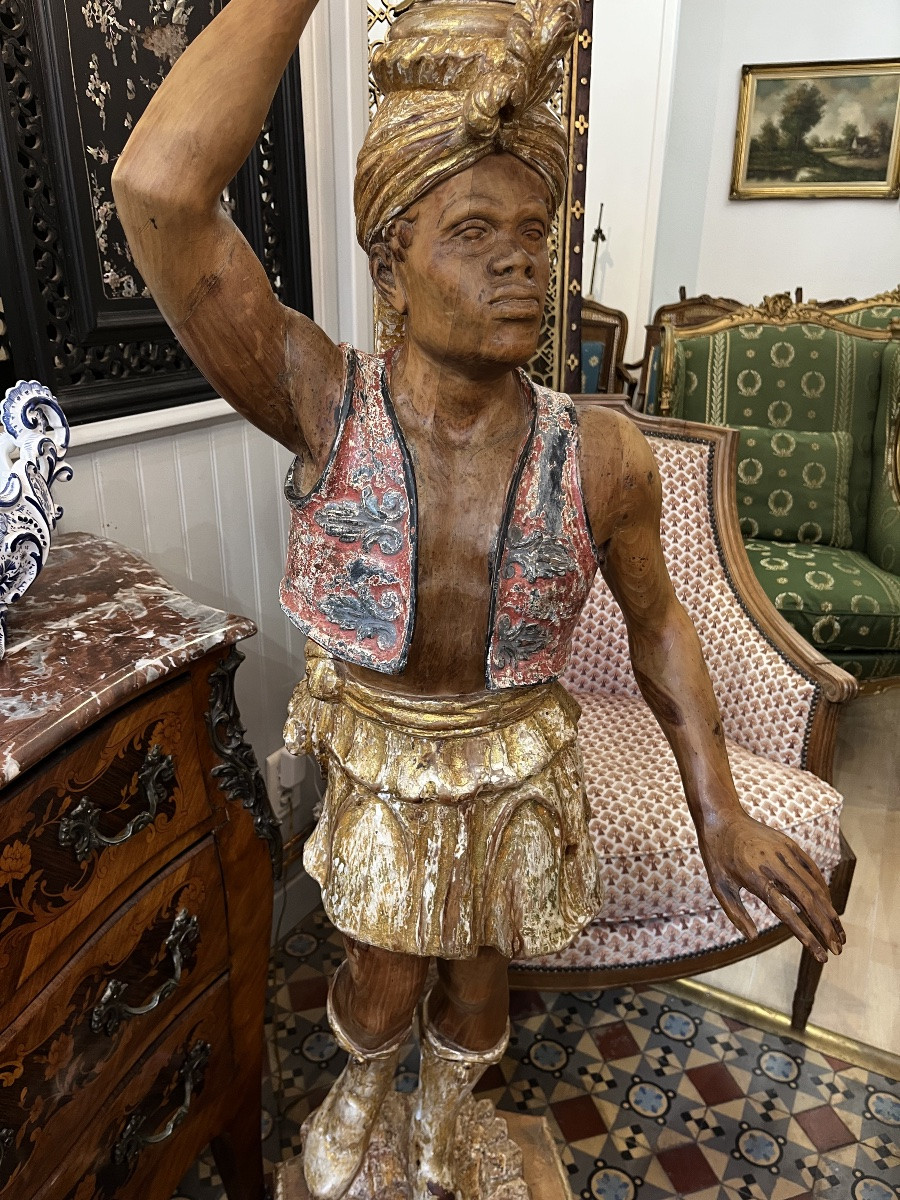 Nubian Torch Holder In Polychrome Wood  -photo-4