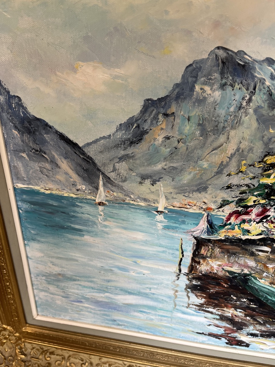 Oil On Canvas Lakeside Landscape Signed-photo-1