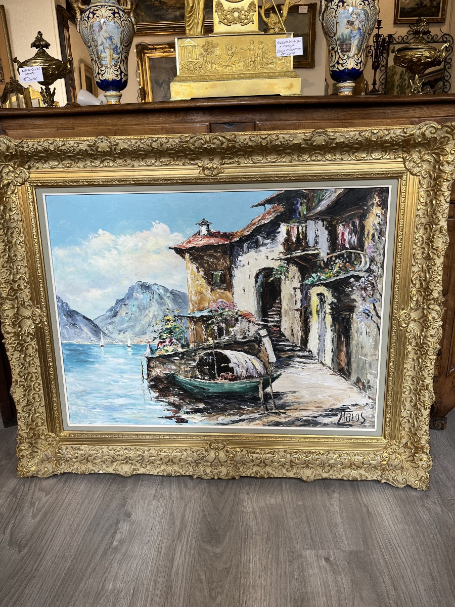 Oil On Canvas Lakeside Landscape Signed