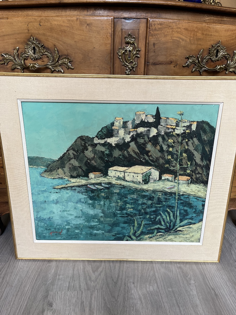 Tableau HST  représentant Port Cros . Signé 