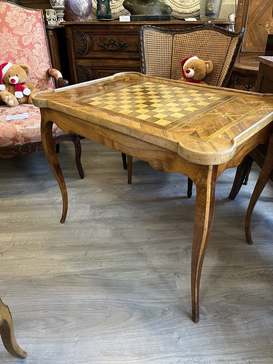 Table à jeux en  noyer et Marquetterie Louis XV -photo-3