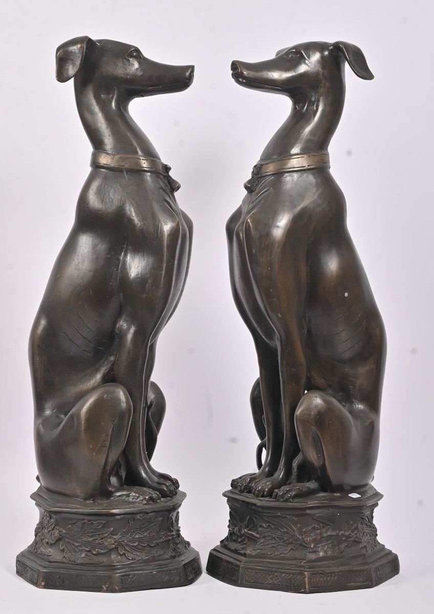 Large Bronze Sculptures Of A Pair Of Greyhounds