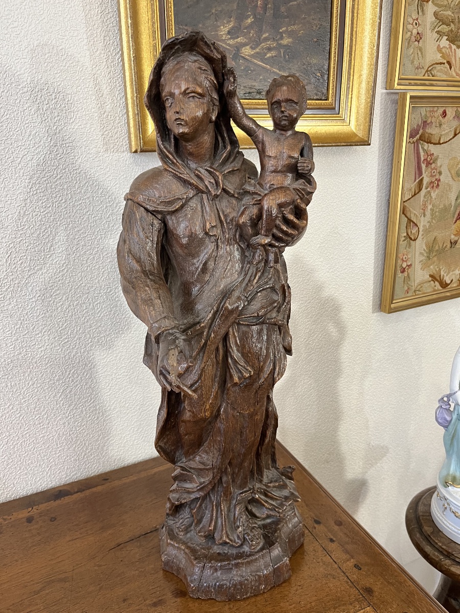 Vierge à l’enfant en chêne sculpté du 18 éme siècle -photo-2