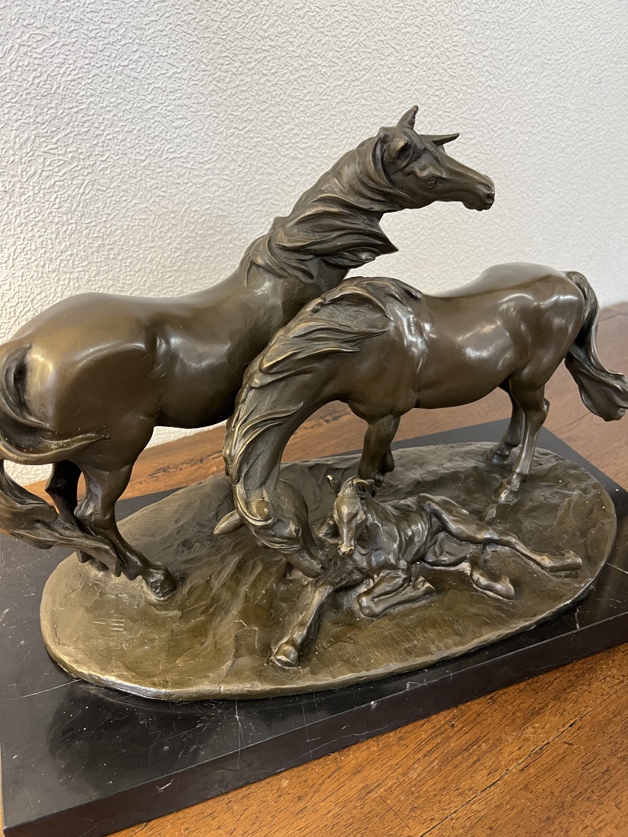Bronze «  Deux chevaux et Poulain «  Signé-photo-3