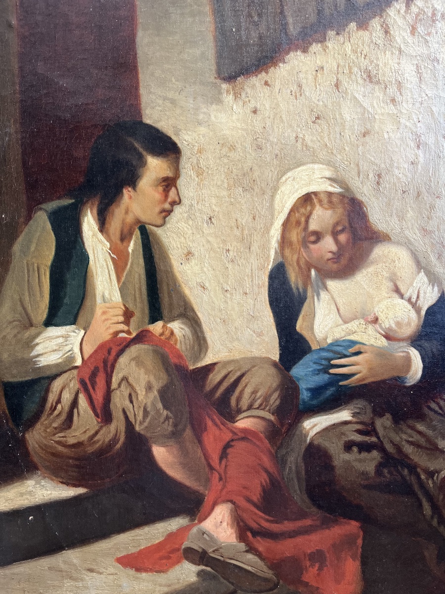 Tableau Huile sur toile représentant un couple et leur enfant . Italie 19 éme siècle -photo-3