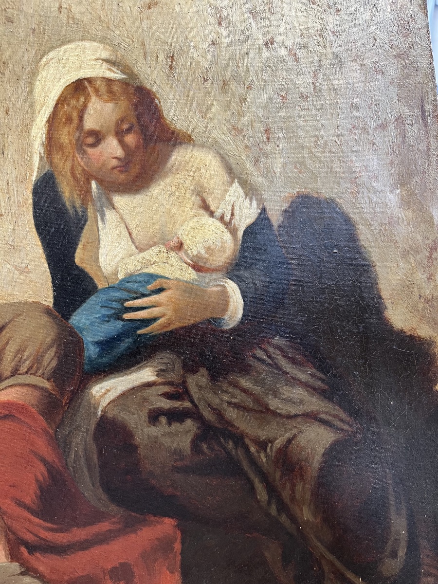 Tableau Huile sur toile représentant un couple et leur enfant . Italie 19 éme siècle -photo-4