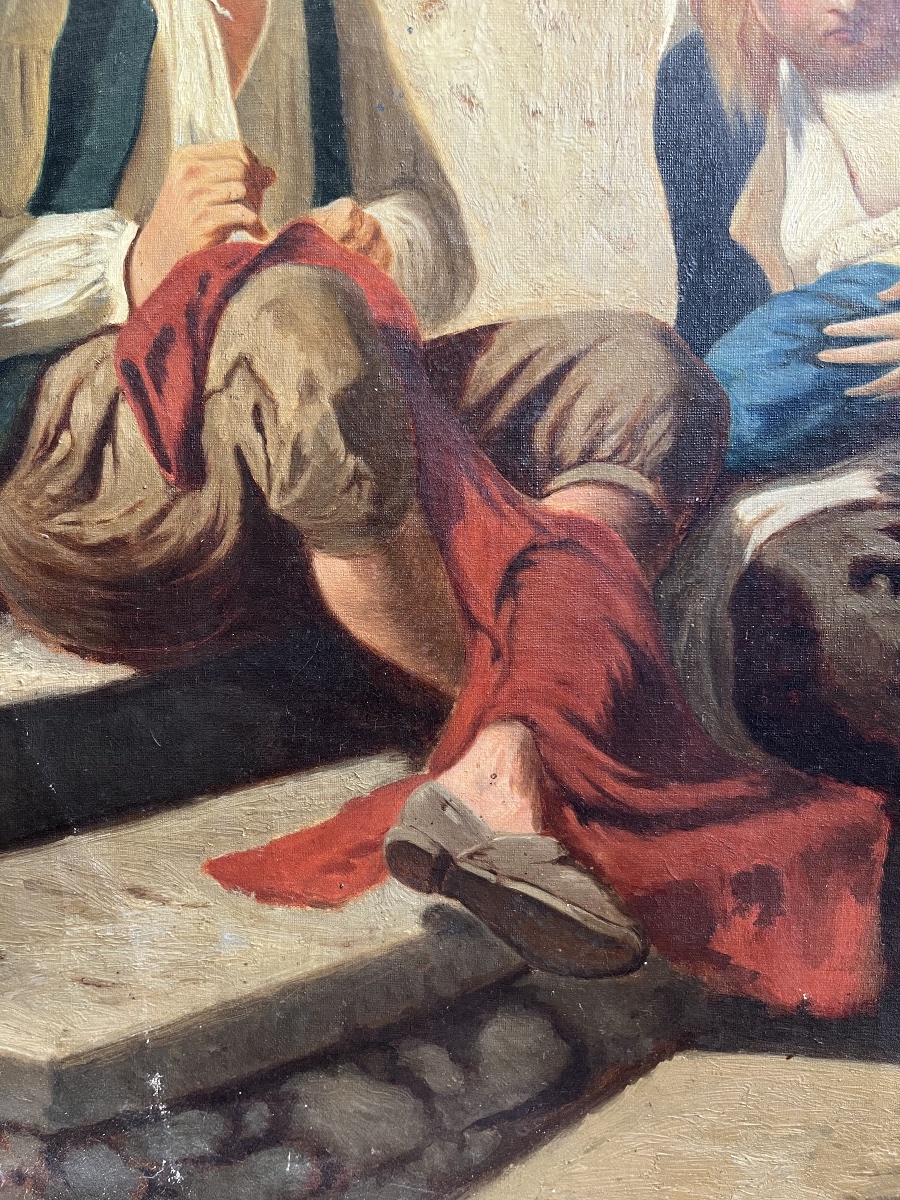 Tableau Huile sur toile représentant un couple et leur enfant . Italie 19 éme siècle -photo-1
