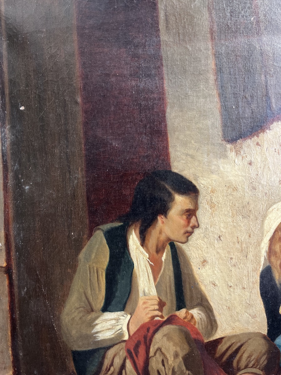 Tableau Huile sur toile représentant un couple et leur enfant . Italie 19 éme siècle -photo-2