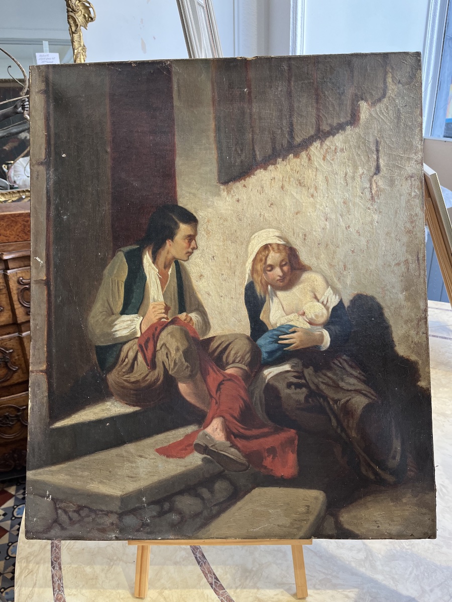 Tableau Huile sur toile représentant un couple et leur enfant . Italie 19 éme siècle 