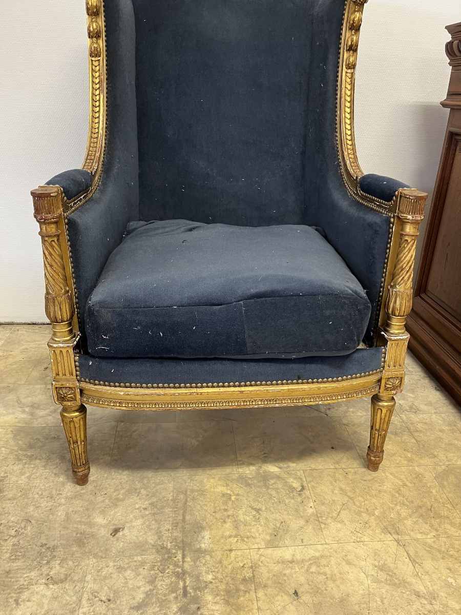 Importante bergère en bois sculpté et doré Style Louis XVI -photo-2