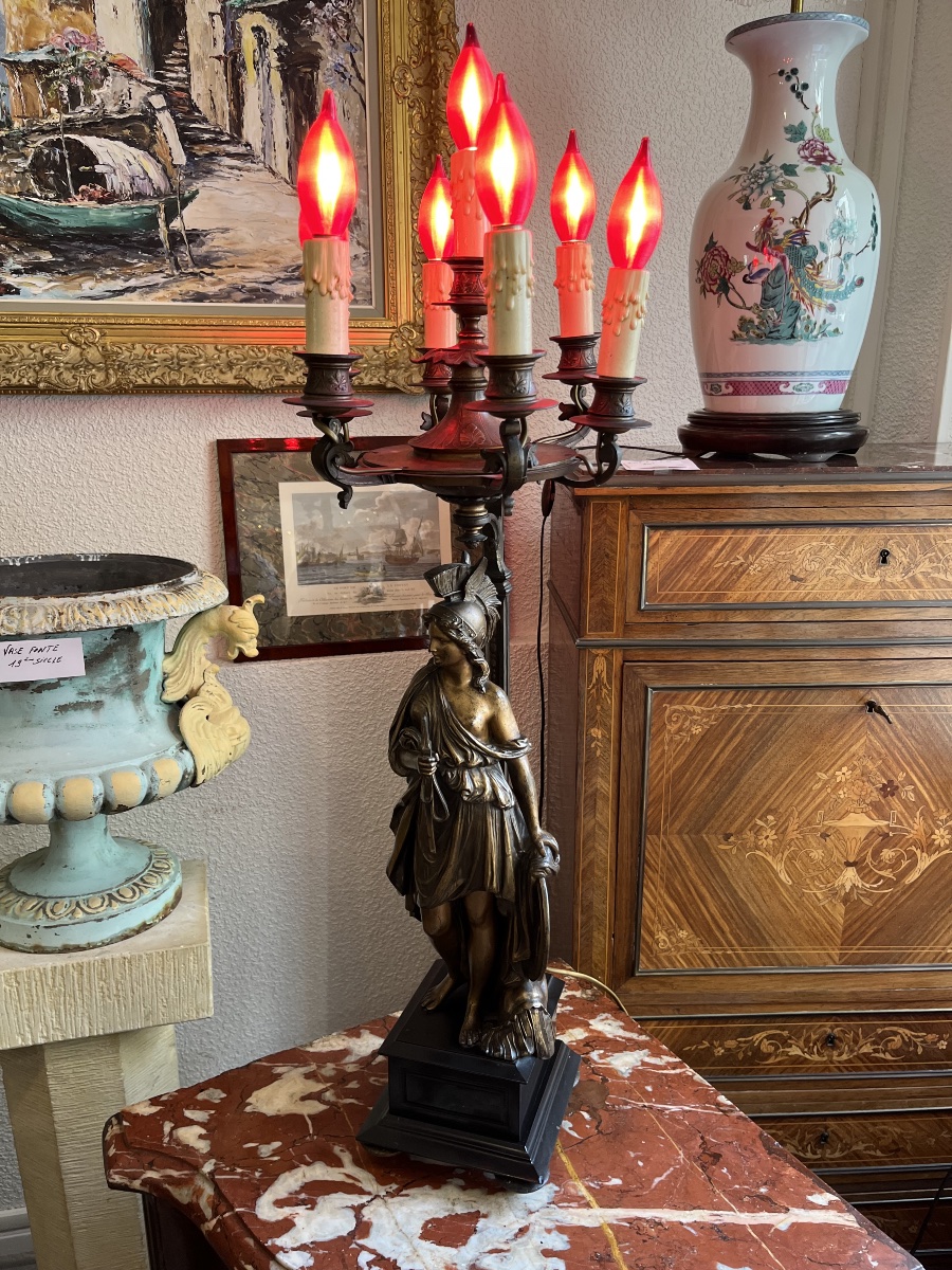 Large Bronze Candelabra Depicting Athena, With 7 Lights, 19th Century 