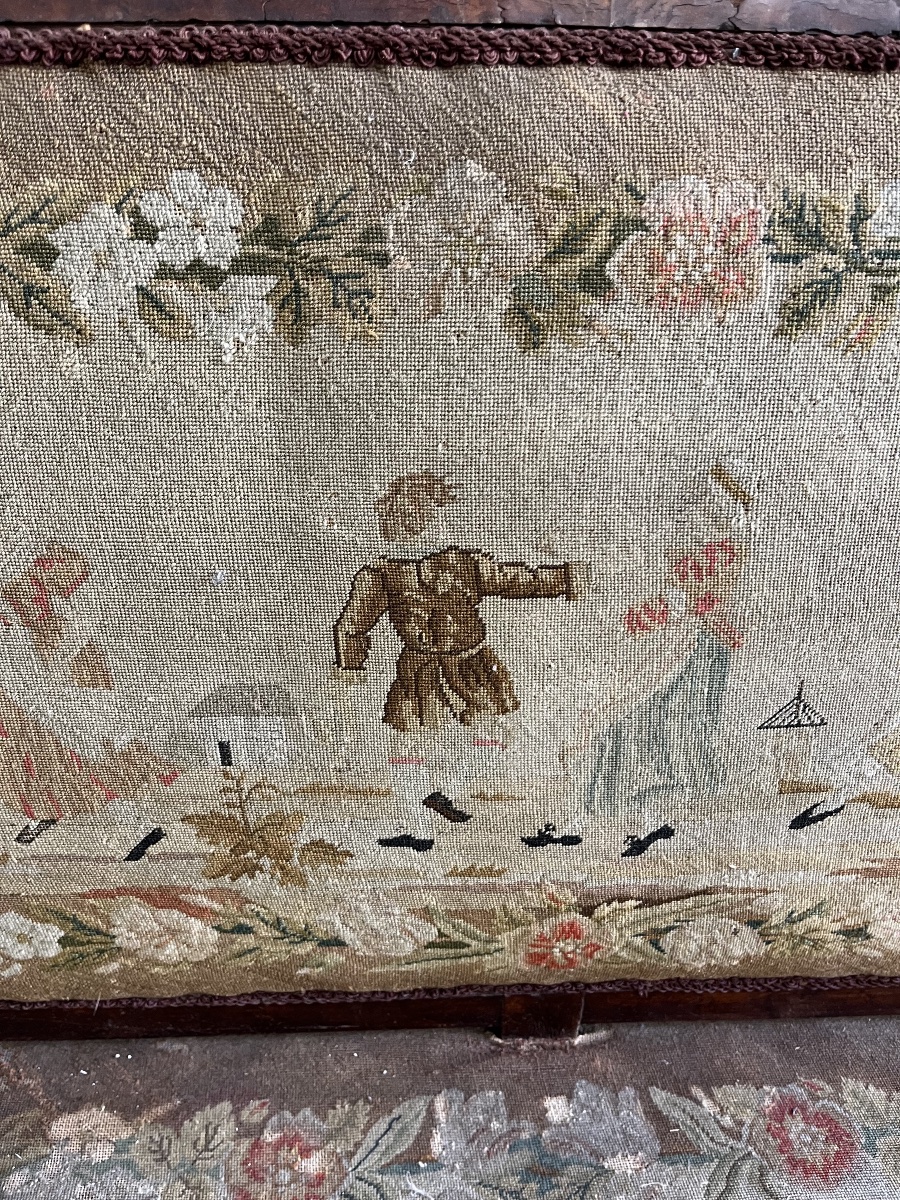 Large 19th-century Castle Bench Upholstered In Aubusson Tapestry-photo-2
