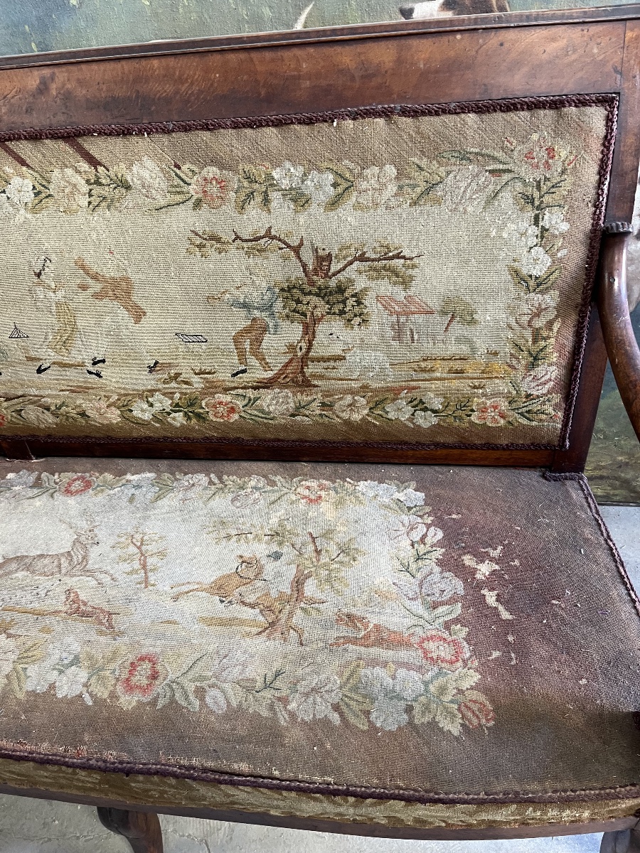 Large 19th-century Castle Bench Upholstered In Aubusson Tapestry-photo-2