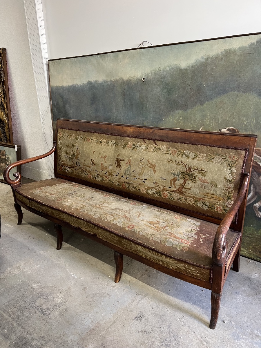 Large 19th-century Castle Bench Upholstered In Aubusson Tapestry-photo-3