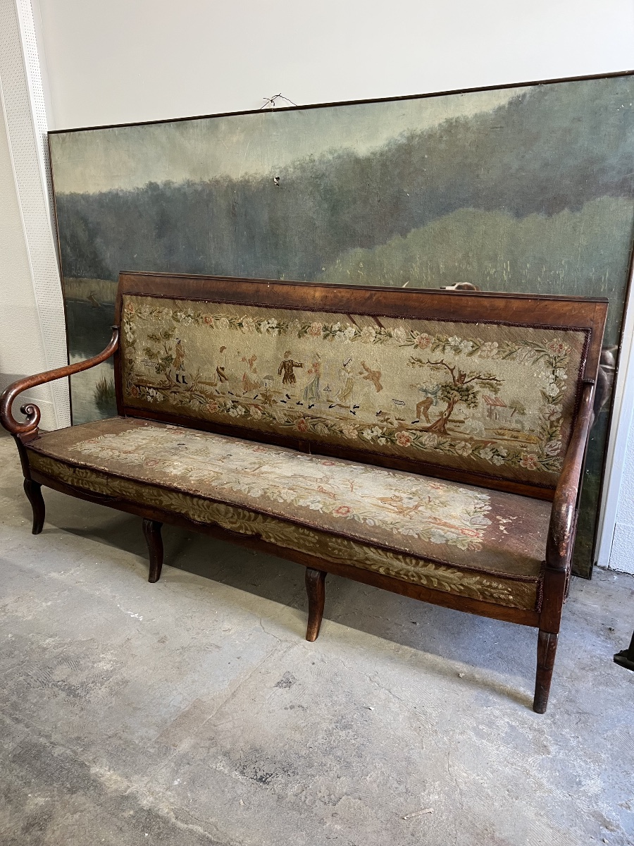 Large 19th-century Castle Bench Upholstered In Aubusson Tapestry