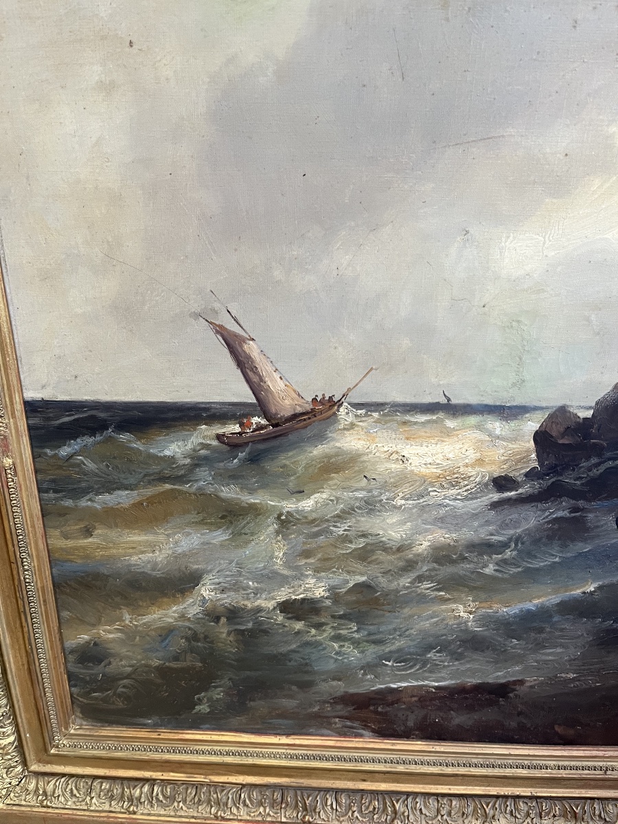Tableau Marine Bateau dans la tempête . 19 éme siècle -photo-3