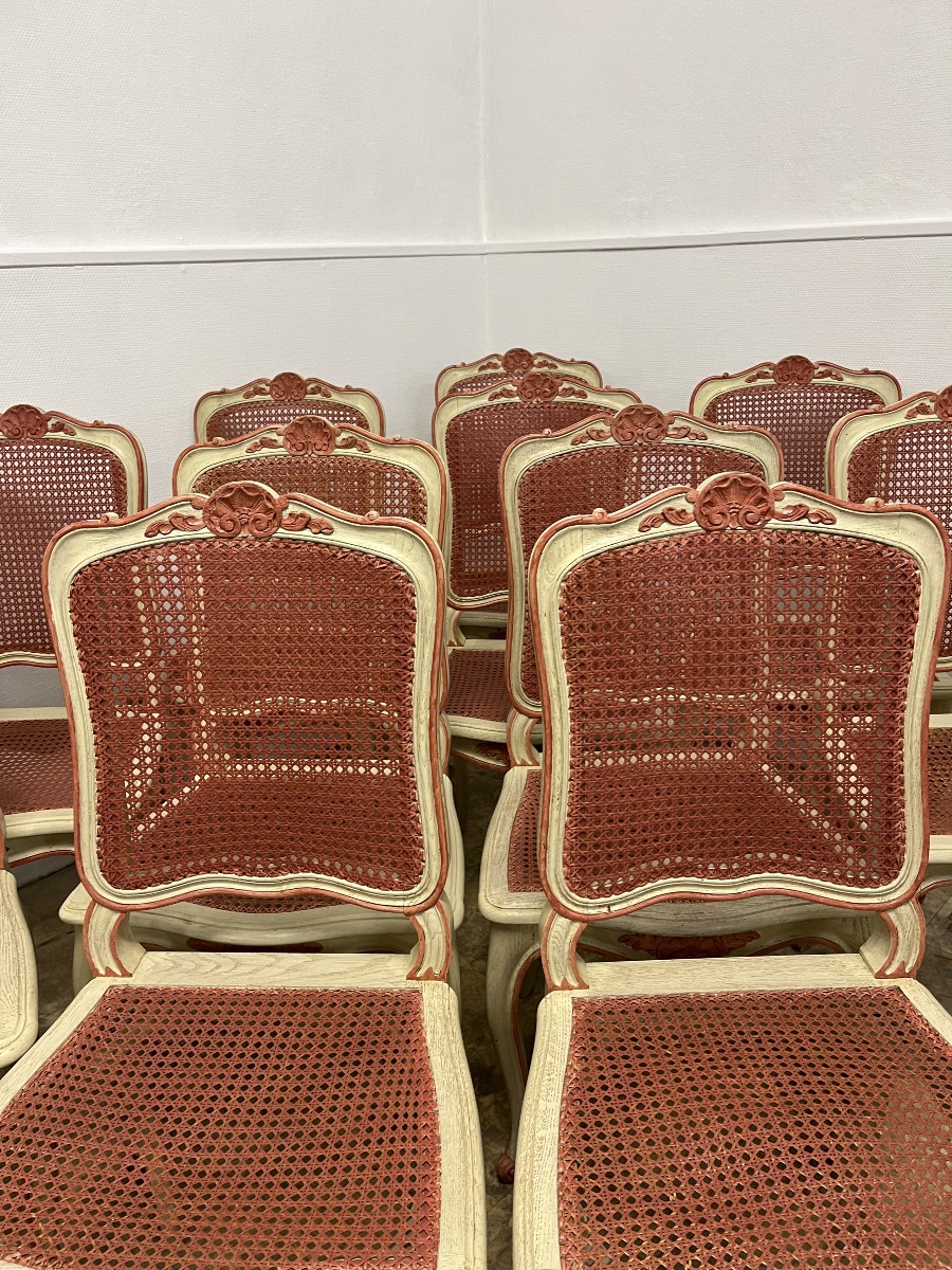 Suite de 12 belles chaises rechampies et cannées-photo-2