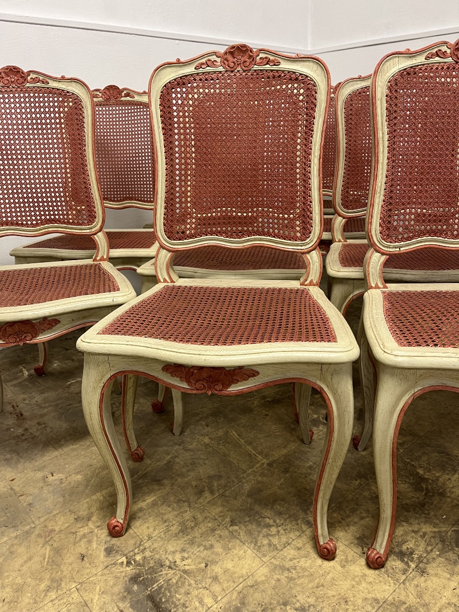 Suite de 12 belles chaises rechampies et cannées-photo-3