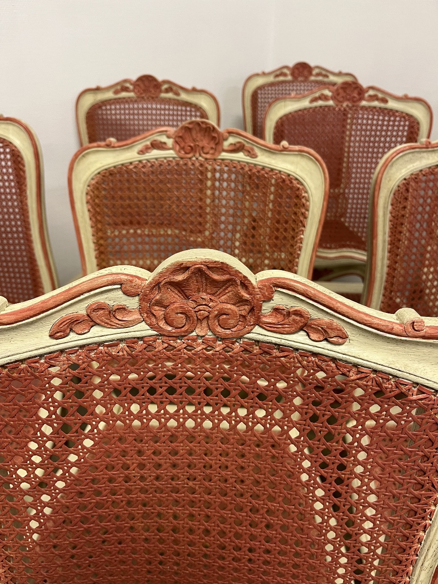Suite de 12 belles chaises rechampies et cannées-photo-4