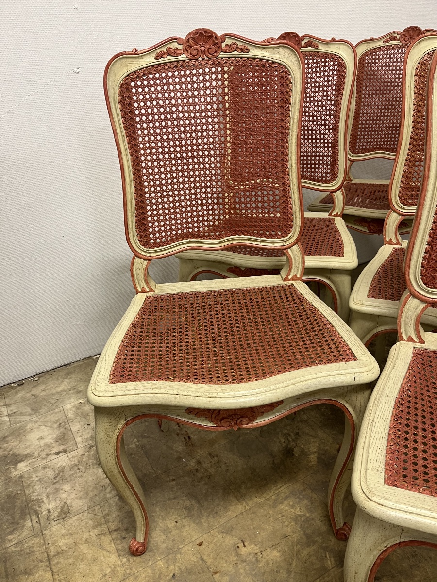 Suite de 12 belles chaises rechampies et cannées-photo-1