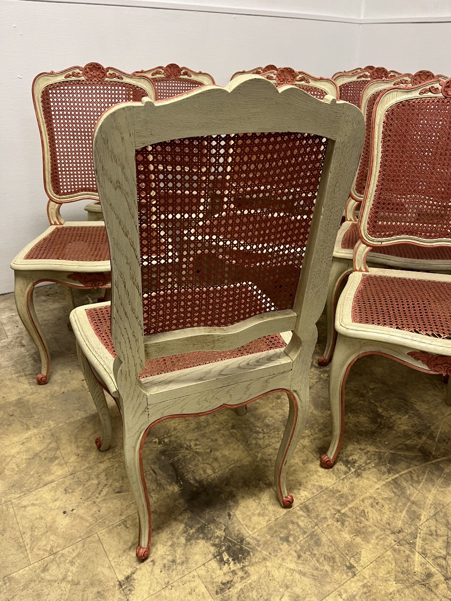 Suite de 12 belles chaises rechampies et cannées-photo-4